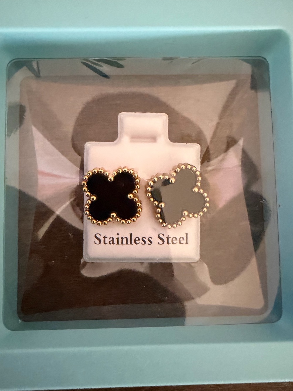 Gold-Trim Black Clover Stud Earrings - Stainless Steel